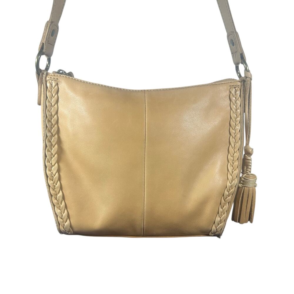 The Sak Leather adjustable Crossbody Bag Tan Braided Detail Tassel Boho Purse
